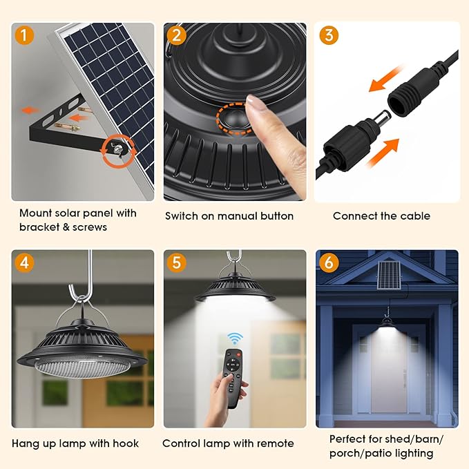 Solar Pendant Lights - Indoor/Outdoor, Daytime & Night 3200K/4000K/6000K Solar Shed Light with ON/Off Switch & Remote, Dimmable Hanging Chandelier Lights for Barn Porch Patio Chicken Coop