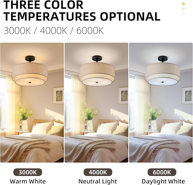 Drum Semi Flush Mount Ceiling Light, 16 inch 3 Lights Ceiling Light Fixture with 2-Layer Fabric Shade, Black Farmhouse Drum Ceiling Lighting for Bedroom Hallyway Dining Room Kitchen