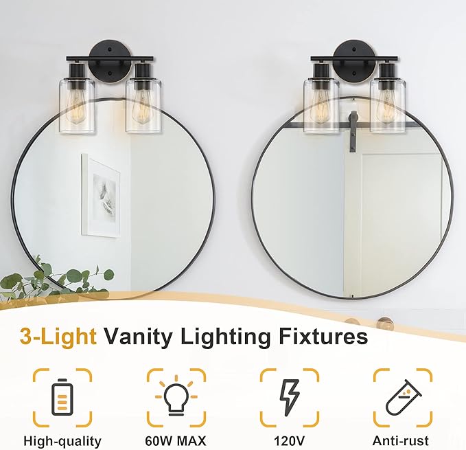 Pia Ricco Bathroom Vanity Light Fixtures, 2-Light Bathroom Wall Lights with Clear Glass Shades, Oil Rubbed Bronze Modern Wall Sconce Over Mirror, Bath Wall Sconces for Living Room Bedroom Hallway