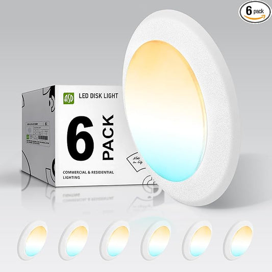 ASD 6 Pack LED Disk Lights 6 Inch, 15W 5CCT 2700K-5000K 1245LM CRI90+, Dimmable Flush Mount Ceiling Light Fixture, Low Profile Surface Mount Disc Lights, Junction Box or Recessed Can Install, ETL
