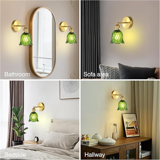 Vintage Wall Sconces Set of 2 - Hardwired Wall Lights with Green Tulip Glass Shade,Brass Wall Lamps for Bathroom Bedroom Stairway Bathroom Living Room Corridor(Bulbs Not Included,E26 Socket)