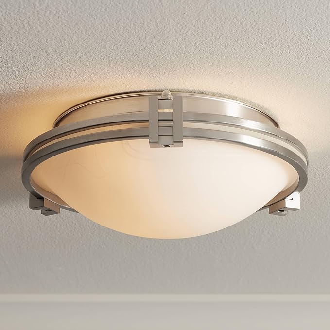 Possini Euro Design Deco Modern Close to Ceiling Light Flush Mount Fixture 12 3/4" Wide Brushed Nickel Marbleized Glass Bowl Shade for Bedroom Hallway Living Room Dining Room Bathroom Kitchen