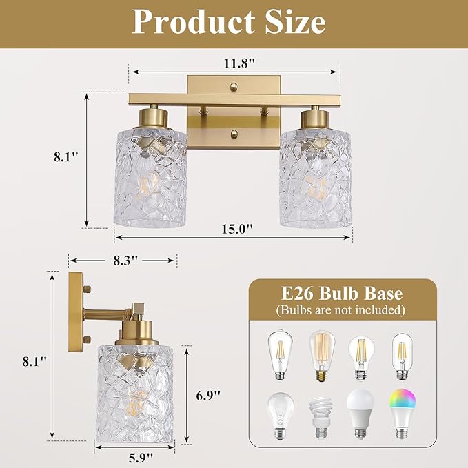 Mecgirn Stainless Steel Bathroom Vanity Light Over Mirror, 2 Light Brushed Gold Bathroom Light Fixtures with Textured Glass Shades,Ceramic E26 Sockets Wall Mounted Vanity Lights for Bathroom