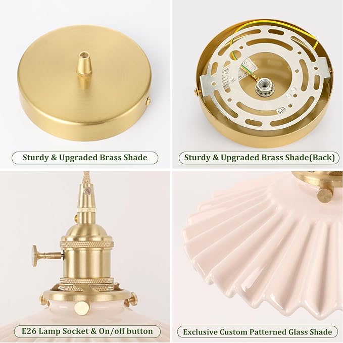 Shenmoyl Pendant Light with Pink Pleated Ceramic Lmapshade, Brass Vintage Pendant Light Adjustable Hanging Light for Kitchen Island Dining Room Hallway