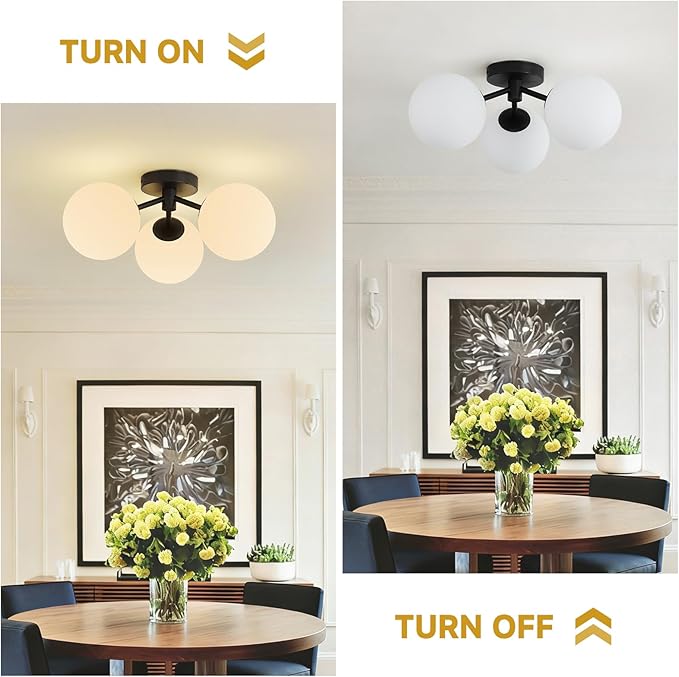 Black Globe Semi Flush Mount Ceiling Light Mid Century Modern Milk Glass Ceiling Light Fixture Linear Sputnik Matte 3 Lights Chandelier for Bedroom Living Room Entryway Dining Room Hallway