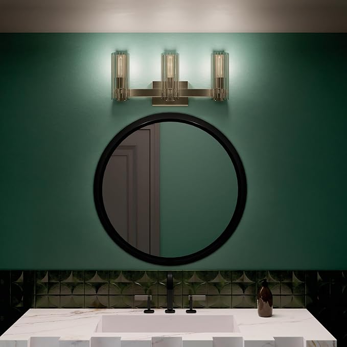 Kichler Jemsa 3-Light Bathroom Vanity Light Fixture with Clear Fluted Glass in Champagne Bronze for Modern Bathroom or Powder Room Wall Lighting (9.75 x 22.75 in), 55168CPZ