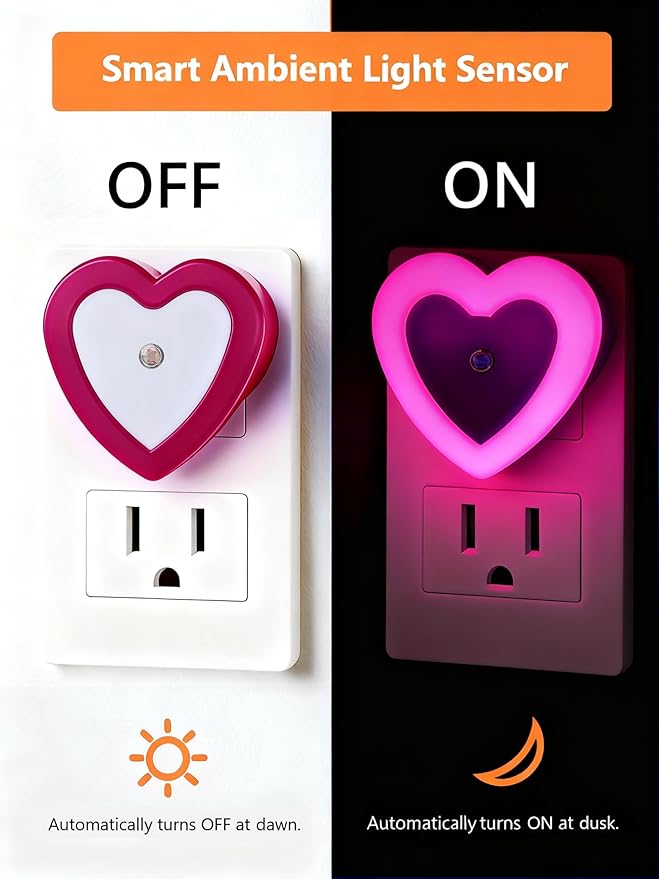 LED Night Lights Plug in(2-Pack), Dusk to Dawn Sensor Auto-On/Off, Cute Nightlight Heart Shaped 0.5W for Bedroom, Bathroom, Kids Room, Nursery, Hallway (Pink)