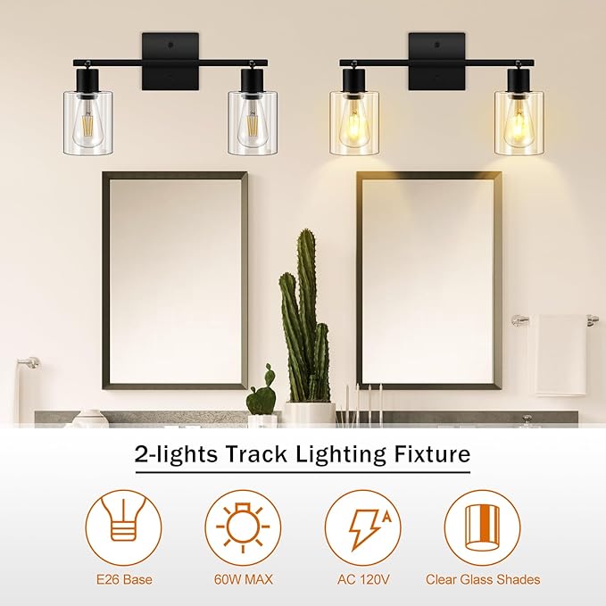 Track Lighting Fixtures Ceiling for Kitchen, Black 2-Light Wall Lights, Modern Led Track Lighting Ceiling with Glass Shade, Rotatable Head, Wall Mount Spotlight for Bathroom Vanity Hallway, E26 Base