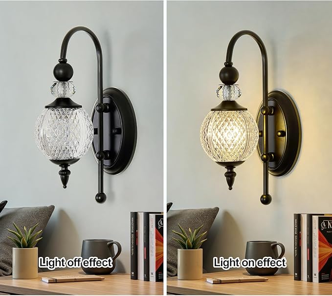 Vintage Black Wall Sconce with Acrylic Globe Shade Indoor Wall Light for Bathroom Bedroom Hallway Farmhouse