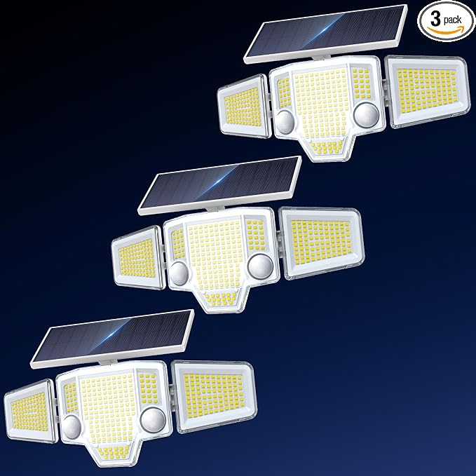 2026 Motion Sensor Solar Lights Outdoor, 4000LM Solar Flood Lights with Dual PIR & Curved 300° Wide Beam, Larger 3500mAh Adjustable Solar Security Spot Lights Waterproof for Yard-3Pack White
