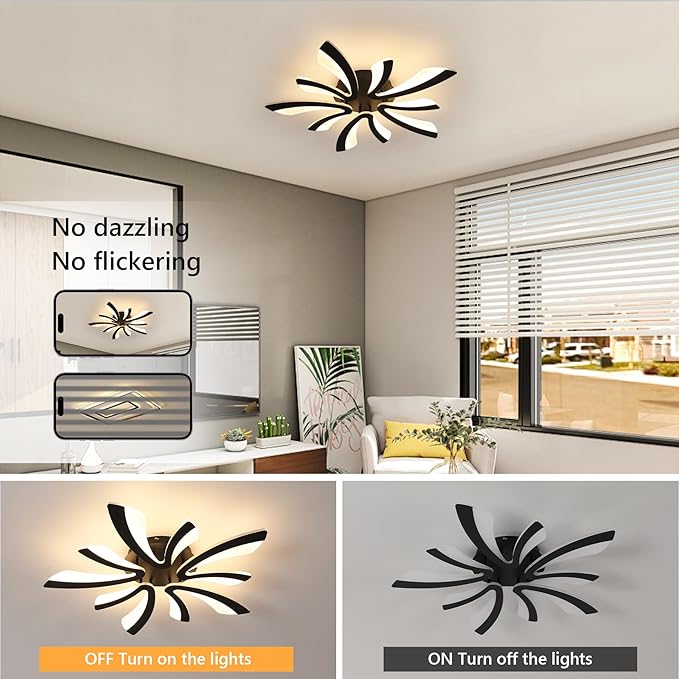 DELIPOP Modern Ceiling Light, 26.7'' Dimmable Black Acrylic V-Shaped LED Flush Mount Ceiling Light, 3000K-6500K with Remote Control for Living Room Bedroom Dining Room