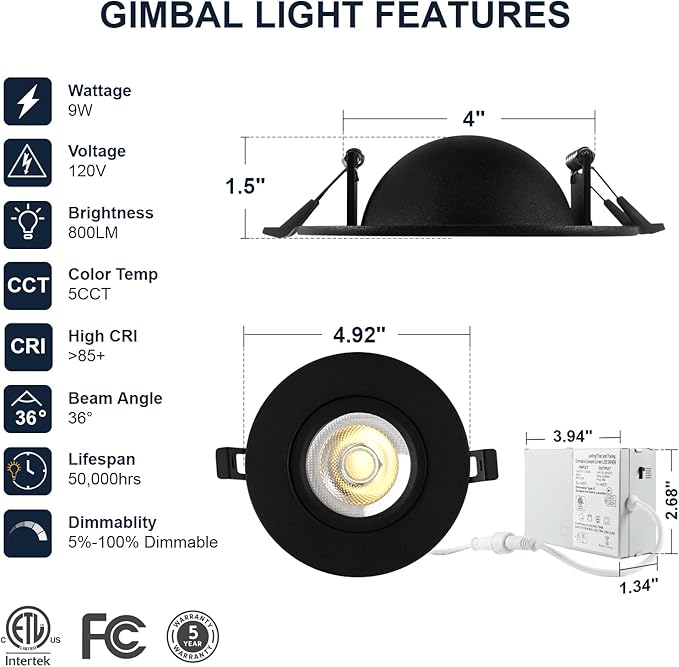 6 Pack Black 4-inch 5 CCT Gimbal LED Recessed/Downlight Color Selectable 2700K/3000K/3500K/4000K/5000K 800Lm 9W 120V Dimness Adjustable LED Lights