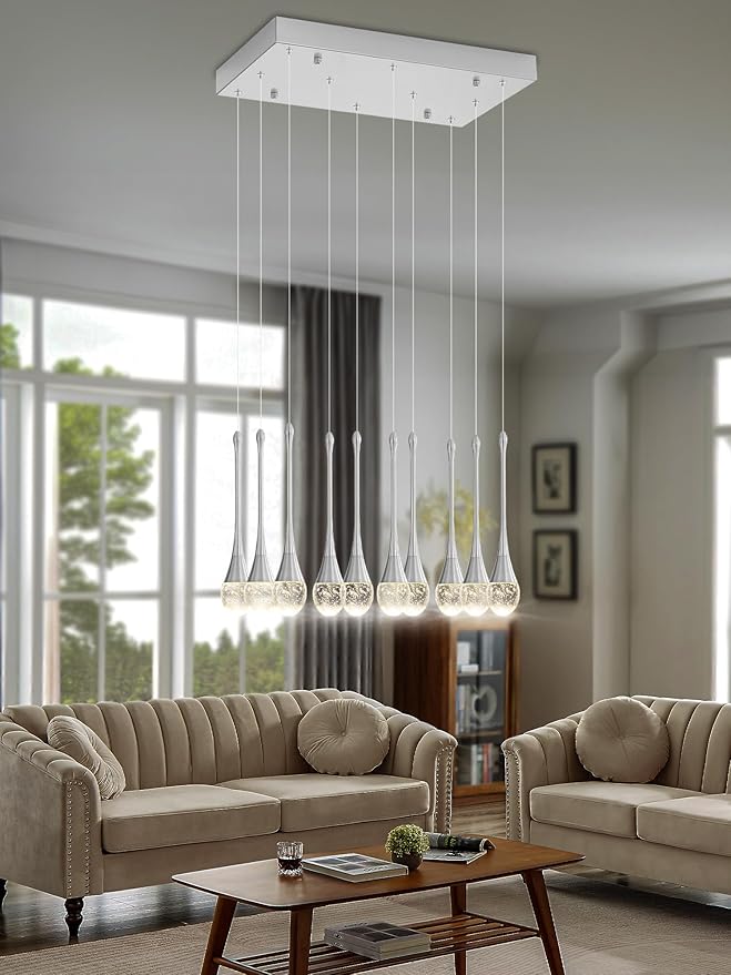 ykolupty Rectangular Chandeliers for Living Room Silver Dining Room Lights Fixture Raindrop Pendant Lights Kitchen Island Crystal Chandelier for Staircase Hallway Foyer Entryway