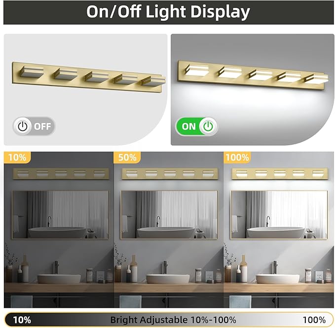 OKELI 5 Light Bathroom Vanity Light Gold Modern 36W LED Dimmable Vanity Light Over Mirror 350° Adjustable Lamp Head Cold White 6000K ETL Listed 36.2Inch
