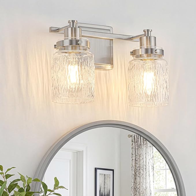 2 Lights Bathroom Light Fixtures Farmhouse Brushed Nickel Vanity Lights for Bathroom Lighting Fixtures Over Mirror with Hammered Glass Lampshade for Cabinet Mirror Bedroom Hallway