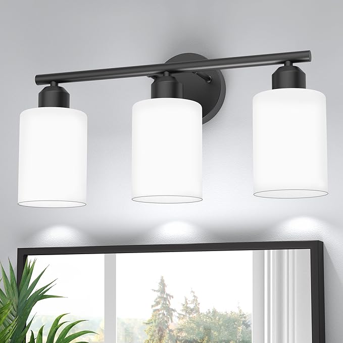 Espird Bathroom Vanity Light Fixtures Matte Black Bathroom Lighting Fixture, 3 Lights Bathroom Light Fixture Over Mirror, Modern Vanity Light, Wall Sconces with Milky White Glass Shades