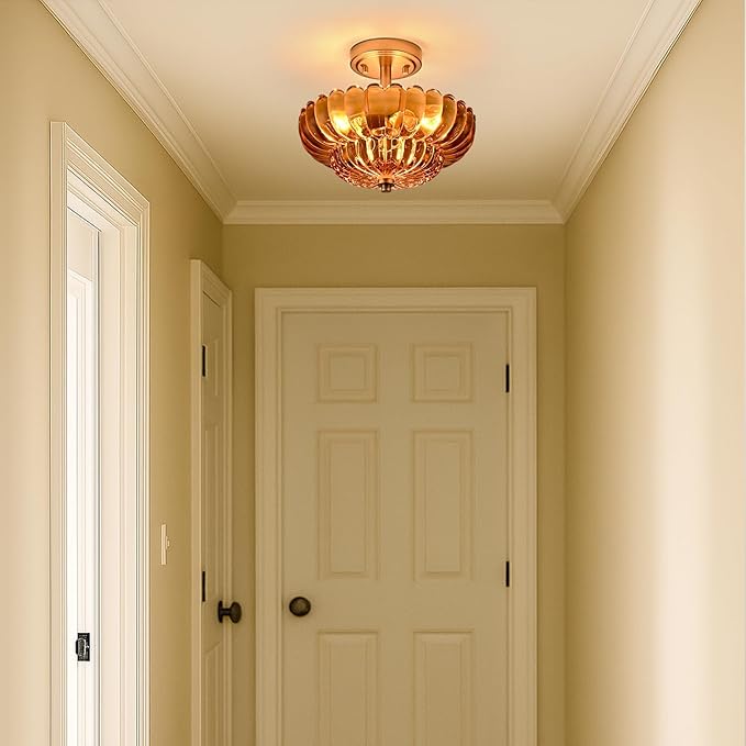 Semi Flush Mount Ceiling Light Fixture, Amber Glass 3-Light Modern Vintage Ceiling Lights, Scalloped Close to Ceiling Light, Gold Base Flush Mount Ceiling Light for Hallway Bedroom Entryway Kitchen