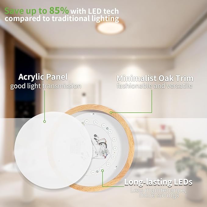 Modern LED Ceiling Light for Bedroom: Minimalist Wood Flush Mount Ceiling Light Fixture with Acrylic Lampshade - 4500K Not Dimmable Overhead Ceiling Lamps for Kitchen Hallway Living Room (11.8" Wood)