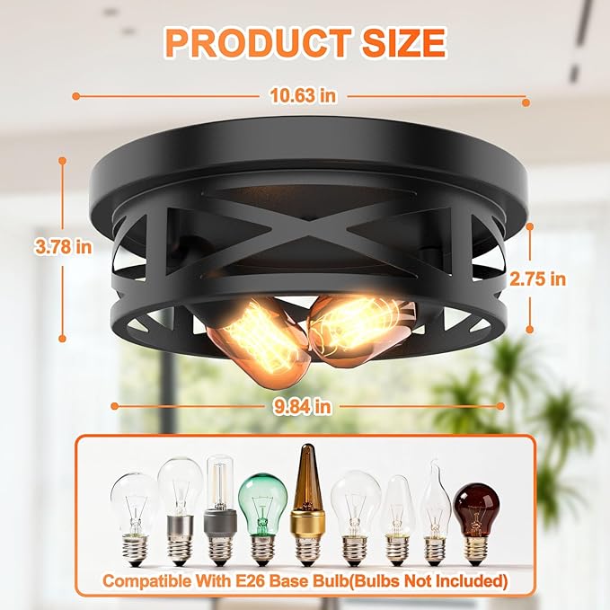 Flush Mount Ceiling Light Fixture - 2 Light Modern Farmhouse Close to Ceiling Light Fixtures 10.63inch for Hallway, Kitchen, Entryway, Bedroom, E26 Socket