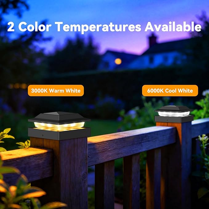 Solar Post Cap Lights 6-Pack, IP65 Waterproof Fence Post Solar Lights for 4x4 Wood/Vinyl Posts, Outdoor Post Lights with 2 Color Modes Decorate Garden Patio Porch Backyard, Black