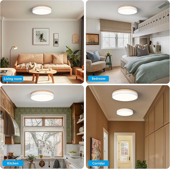 WOKNOS Dimmable Wood Oak Ceiling Light Fixture Modern White LED Flush Mount Ceiling Light 5CCT Minimalist Circle Close to Lighting Fixture for Bedroom Kitchen Bathroom Laundry Room 15.74 Inch