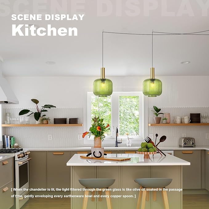 Plug in Pendant Light 2 Pack Green Glass Hanging Lamp Plug in Hanging Light Fixture with Cord 14.7 ft, Mid Century Modern Gold Pendant Lighting for Kitchen Island Dining Room Bedroom Set of 2