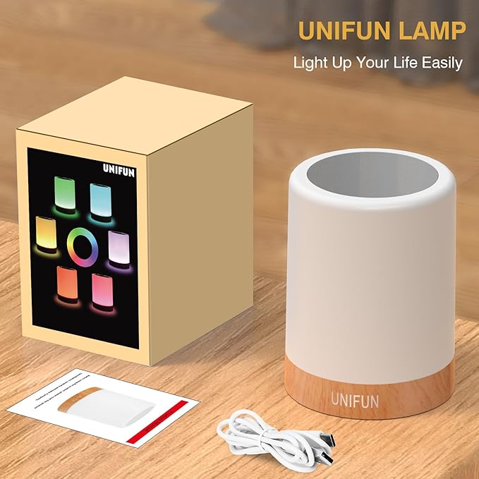 UNIFUN Touch Control Night Light - Rechargeable Bedside Table Lamp with Dimmable Warm White (2800K-3100K) & RGB Color Changing, Portable Cordless LED Lamp for Bedroom, Nursery, Living Room