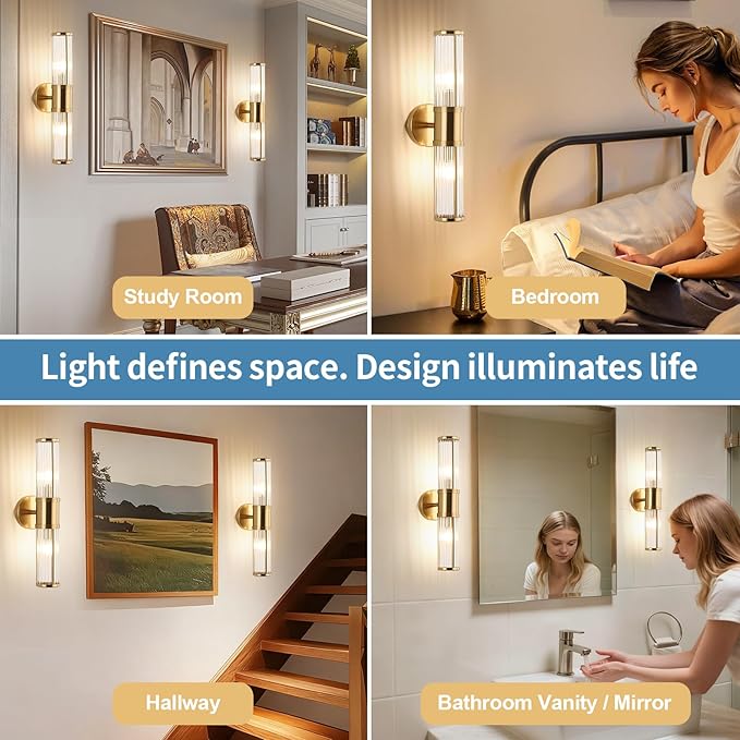 Modern Brushed Brass Vanity Light Fixture - Dual Glass Rods Wall Sconce for Bathroom, Double Light Socket E12 Candelabra Base, Mirror Vanity Lighting (Bulbs Not Included)