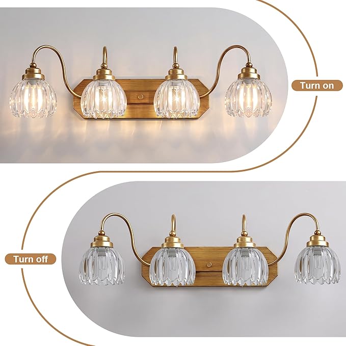 Gold Vanity Light, Vintage Bathroom Light Fixtures, 4-Light Matte Antique Brass Finish with Crystal Glass Shade, Mid Century Style Wall Sconces for Bedroom, Living Room