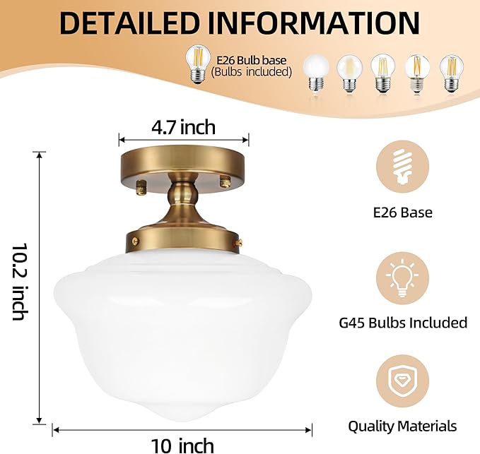 Bagood 10" Mid Century Light Fixture Gold Schoolhouse Lights Fixture Schoolhouse Light Fixtures Ceiling Milk Glass Lights Fixtures Semi Flush Mount Ceiling for Bathroom Kitchen (Bulb Incl.)