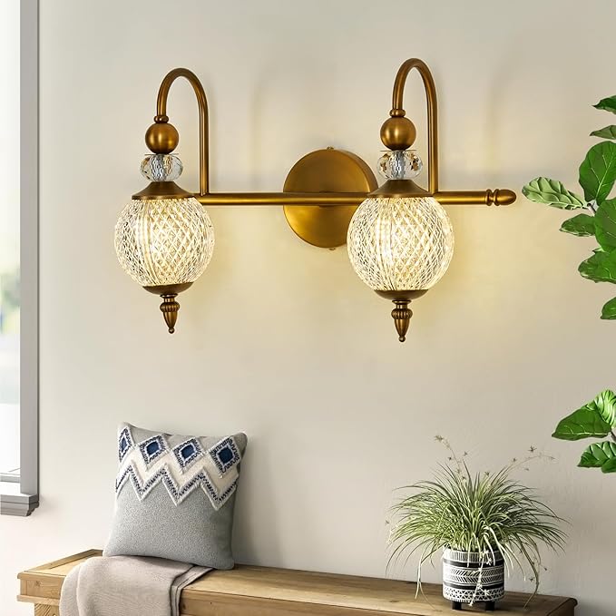 Vintage Vanity Light 2 Lights Gold Bathroom Light Fixtures Over Mirror with Acrylic Globe Shade