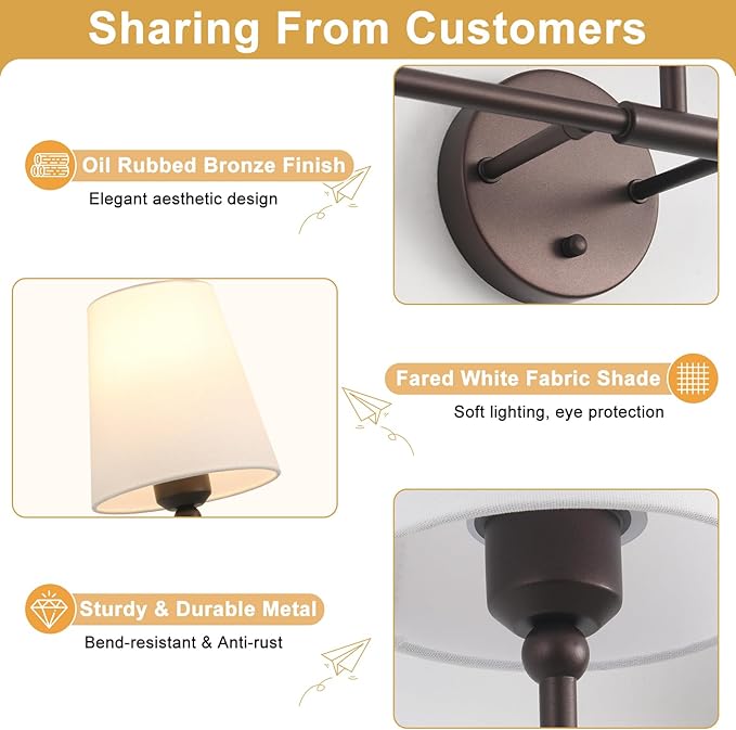 Bathroom Light Fixtures, 3-Light Oil Rubbed Bronze Vanity Lights, 24.5" Bathroom Lighting Fixtures Over Mirror with White Fabric Shade, Modern Wall Sconces for Bedroom Living Room Hallway