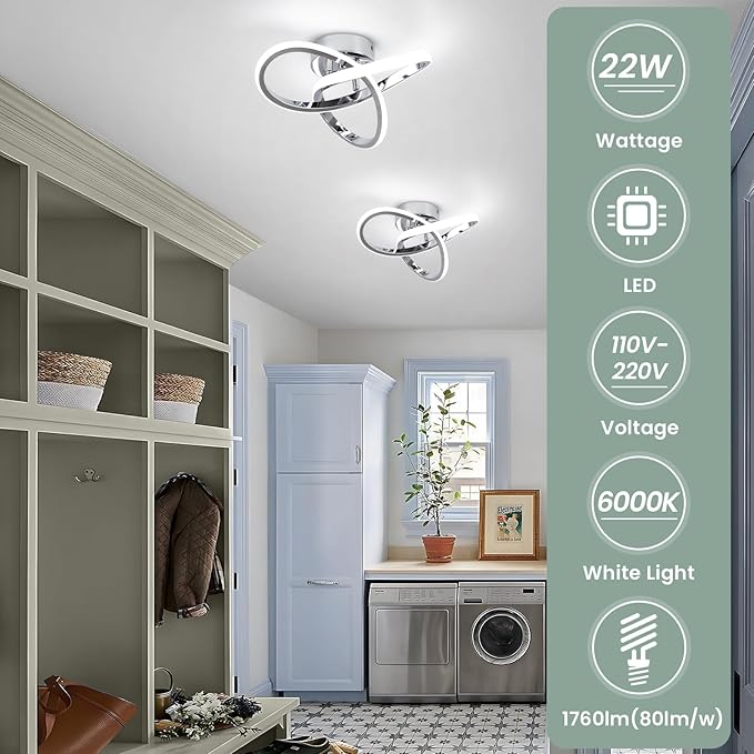 EIDISUNY Modern LED Ceiling Lights, 9.5in Chrome Hallway Ceiling Light fixtures 22W Cool White 6000K, Flush Mount Ceiling Light for Kitchen,Aisle, Entrance, Bedroom, Bathroom, Living Room