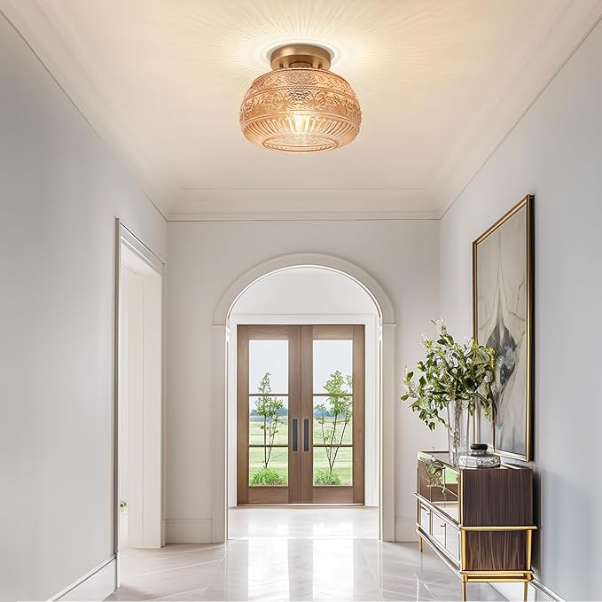 Semi Flush Mount Ceiling Light, Upgraded Modern Close to Ceiling Light Fixture with Amber Glass,Gold Indoor Kitchen Lighting for Porch Corridor Hallway Bedroom, Bulb Not Included