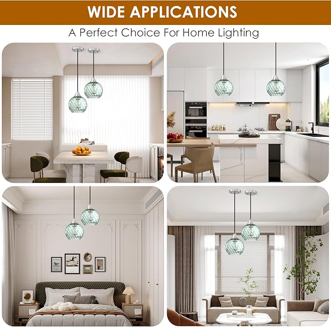 Pendant Lights Kitchen Island,2 Pack Farmhouse Pendant Lights,Green Striped Swirl Globe Glass Pendant Light Fixtures,Mini Island Lights For Kitchen,Modern Hanging Light Fixture With Adjustable Height