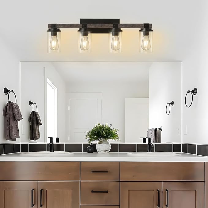Farmhouse Bathroom Vanity Light 4 Light Sconces Wall Lighting Wood Rustic Bathroom Light Fixtures Over Mirror Vintage Industrial Wooden Black Vanity Light for Bedroom Hallway Kitchen