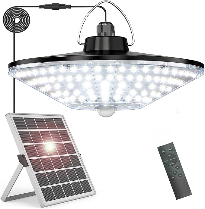 Solar Lights Indoor Outdoor, Solar Pendant Lights with Motion Sensor & Remote, 198 Bright LEDs, 5 Lighting Modes, Waterproof Energy Efficient for Shed Barn Chicken Coop Gazebo Garage Day & Night