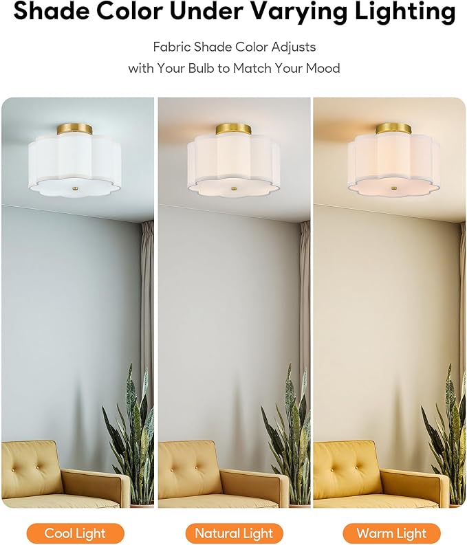 VONLUCE Semi Flush Mount Ceiling Light, 12.6" Ceiling Light Fixture with Flower-Shaped Fabric Shade, 3-Light Modern Light Fixture for Bedroom Living Room Nursery Hallway, White Shade & Gold Finish