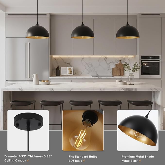 3 Pack Black Pendant Lights Kitchen Island 11.8" Modern Dome Pendant Light Fixtures Farmhouse Hanging Ceiling Light Fixture for Dining Room Foyer Hallway Bar Cafe Sink