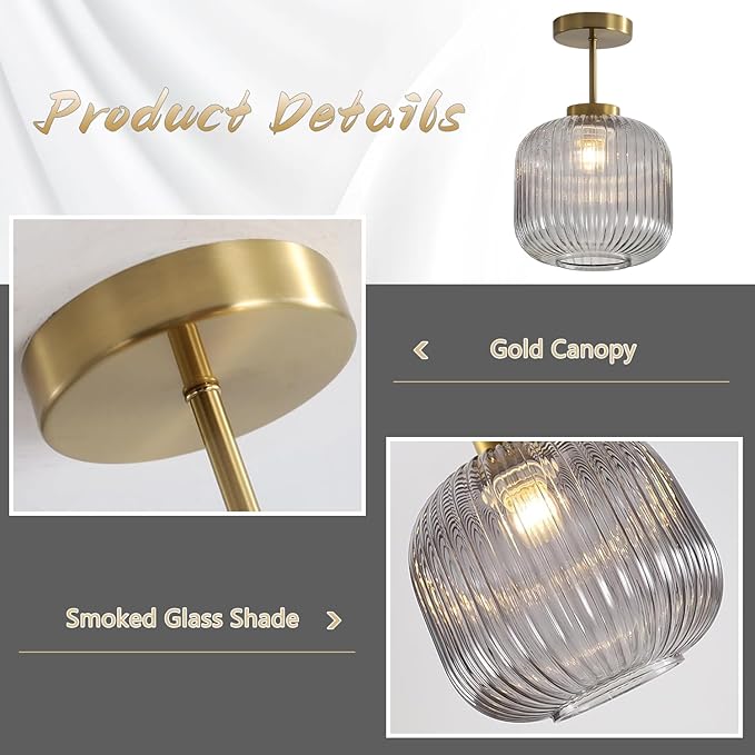 KCO Lighting Smoked Glass Ceiling Light Small Globe Semi Flush Mount Ceiling Light Modern Gold Flush Mount Ceiling Lighting Brass Hallway Ceiling Lights Entryway Schoolhouse Ceiling Lights