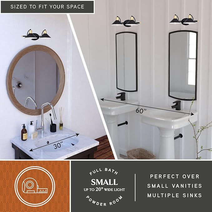 VAXCEL Akron 2-Light 18 inch Wide Matte Black and Natural Brass Industrial Bathroom Vanity Lighting Fixture, Metal Shade, Dimmable, LED Compatible, Over The Mirror Mounted Steel Wall Sconce