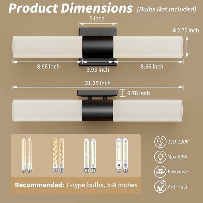 Kalium Bathroom Wall Sconce Fixture, 21 Inch Modern Vanity Lights with Frosted Glass Shade, Indoor Sconces Lighting Wall Decor Lamps for Bathrooms Living Room Stairs Bedroom (Black)