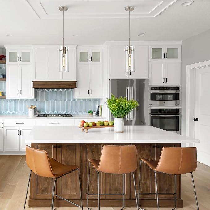 Glass Brushed Nickel Pendant Light, 3 Pack Modern Kitchen Island Pendant Lighting with Ribbed Glass, Adjustable Cord Pendant Light for Over Island, Dining Room, Bathroom, Bedroom