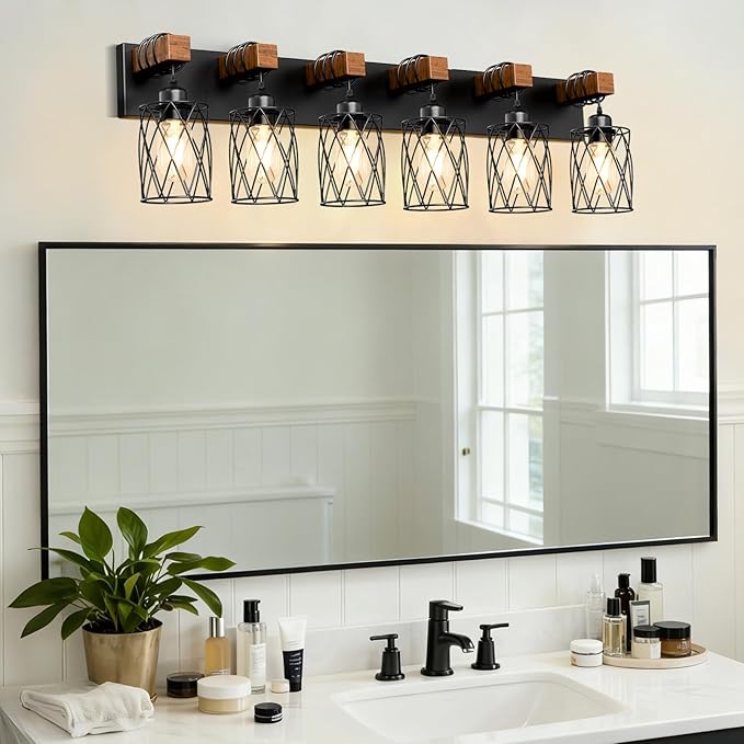 IZORRO Farmhouse Bathroom Vanity Light, 6-Light Wood Bathroom Light Fixtures Over Mirror, Black Industrial Vanity Lights with Metal Shade, Rustic Restroom Lighting Fixtures
