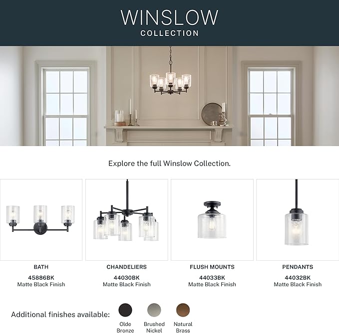 Kichler Winslow 19.75" 5-Light Chandelier Light with Clear Seeded Glass in Black for Kitchen, Bar, Dining Room, Living Room (19.75" x 16.25"), 44030BK