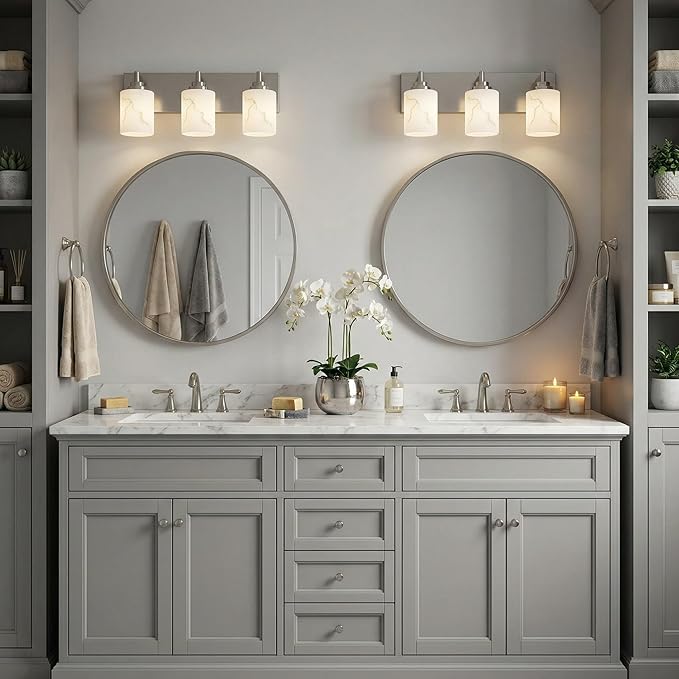 3-Light Bathroom Light Fixture, Brushed Nickel Modern Vanity Light with White Marble Glass Shade, for Bathroom Mirror, Living Room, Bedroom, Hallway, E26 Base, Extended Base