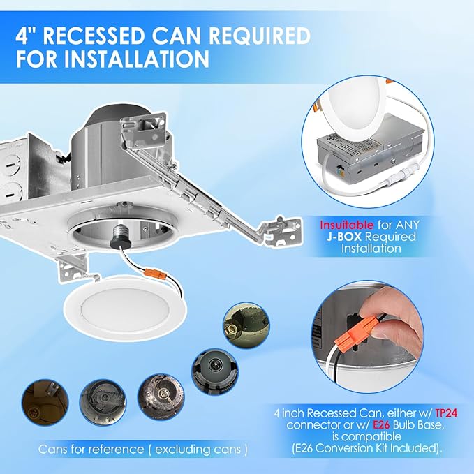 ANWIO Recessed Lighting 4 Inch, 24 Pack 5CCT Flat Retrofit LED Recessed Lights Can Needs, 2700/3000/4000/5000/6000K Selectable Can Lights 7W(85W Equivalent) CRI 80+ Dimmable E26 Base IC Rated & ETL