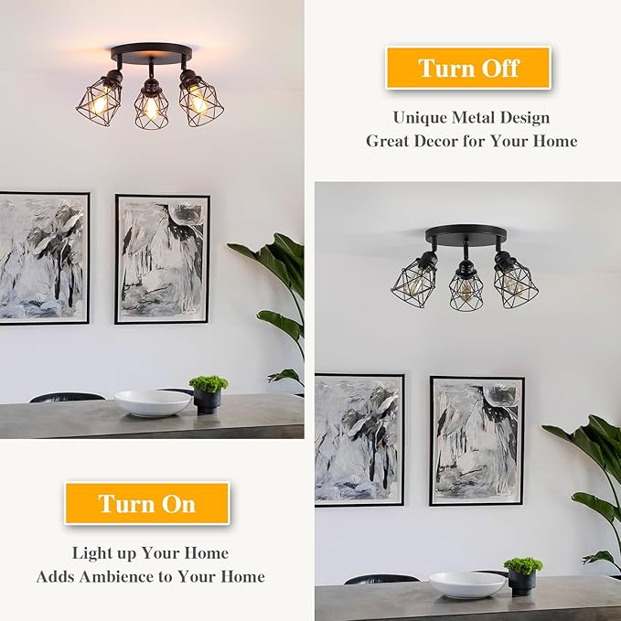 Kitchen Light Fixtures Ceiling Mount, Adjustable Semi Flush Mount Ceiling Light, Multi-Directional Lamp for Kitchen, Hallway, Dining Room, Farmhouse with E26 Base (Black)