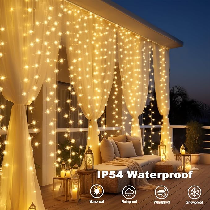 Christmas Battery Curtain Lights Warm White with Remote Timer 9.8×9.8ft