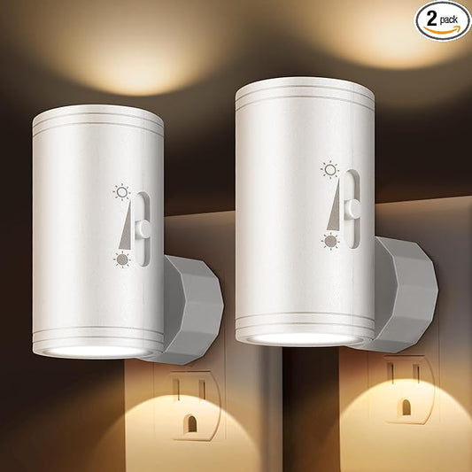 LED Plug-in Wall Night Light with Dimmable 0-300 Lumens, 3000K Soft White, Auto On/Off Light Sensor & Adjustable Head for Hallway, Stairs, Bedroom,2 Pack